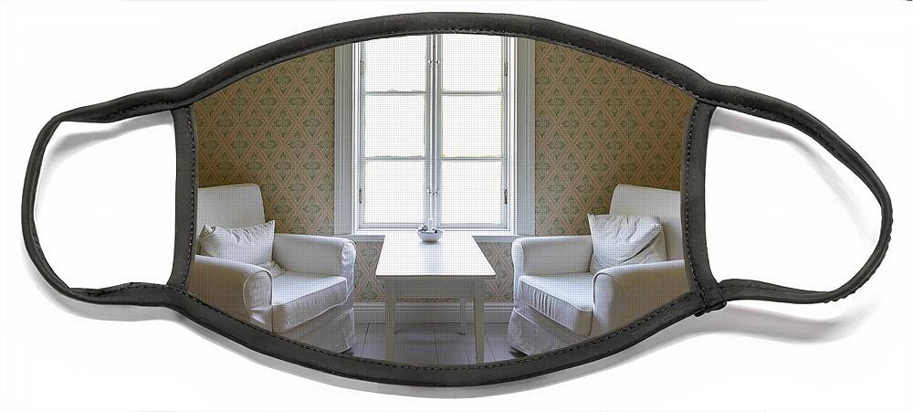 Architecture Face Mask featuring the photograph Two Interior Chairs A Table And A Window by Jo Ann Tomaselli