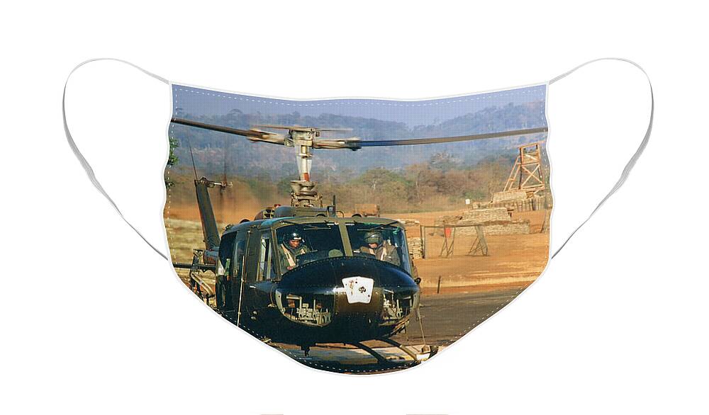 Uh-1 Face Mask featuring the photograph UH-1 Huey Iroquois Helicopter LZ Oasis Vietnam 1968 by Monterey County Historical Society