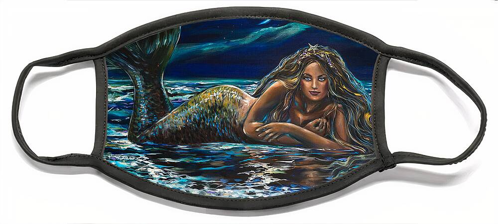 Mermaid Face Mask featuring the painting Under a Crescent Moon Mermaid Pillow by Linda Olsen