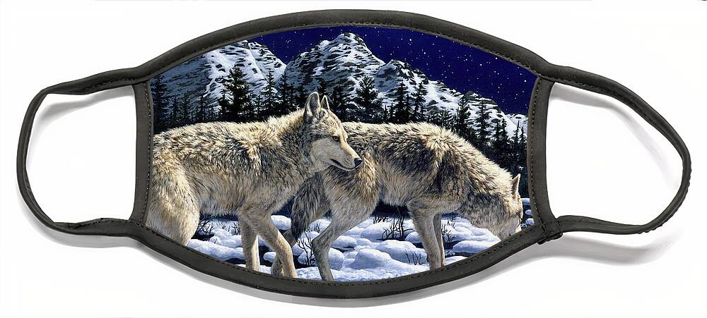 Wolf Face Mask featuring the painting Wolves - Unfamiliar Territory by Crista Forest
