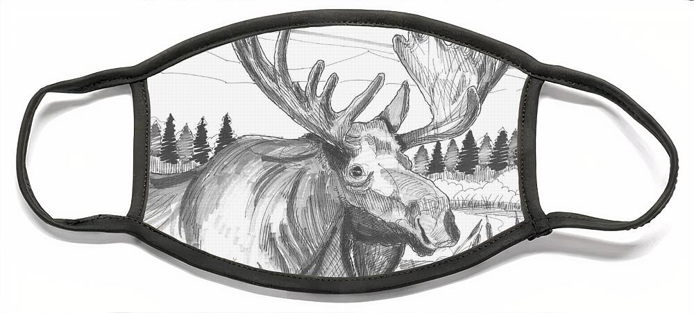 Vermont Bull Moose Face Mask featuring the drawing Vermont Bull Moose by Richard Wambach