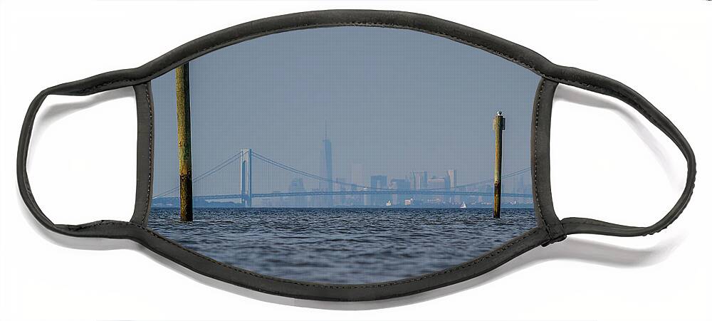 Bayshore Waterfront Face Mask featuring the photograph Verrazano-Narrows bridge and NYC skyline from Port Monmouth by SAURAVphoto Online Store