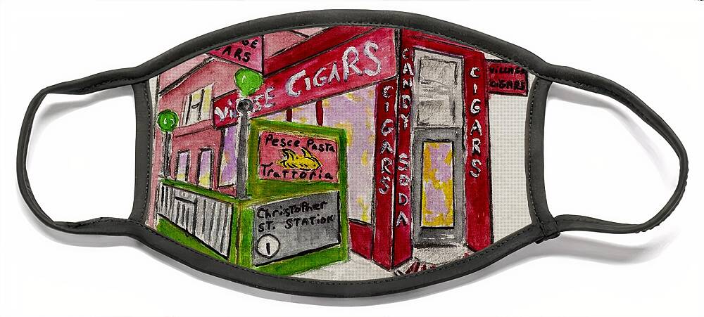 Village Cigar Face Mask featuring the painting Village Cigar on Christopher Street by AFineLyne