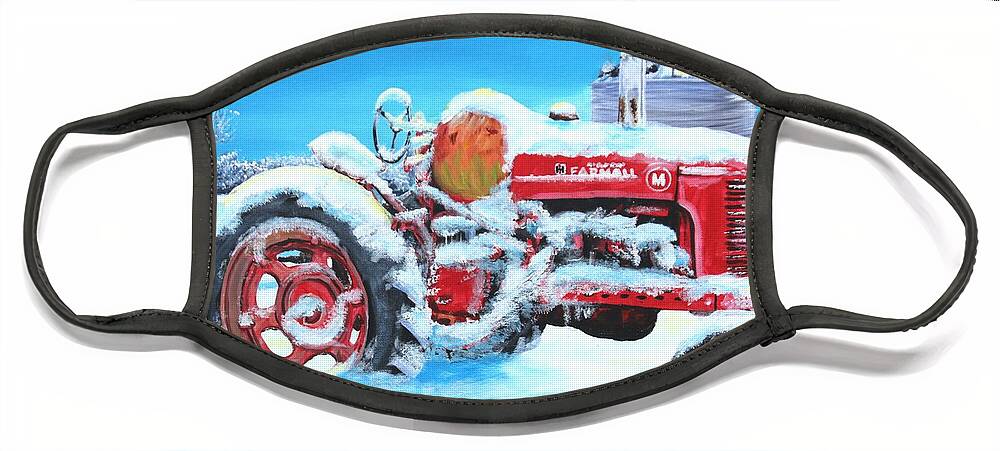 Tractor Face Mask featuring the painting Vintage Farmall Tractor in the Snow by Karl Wagner