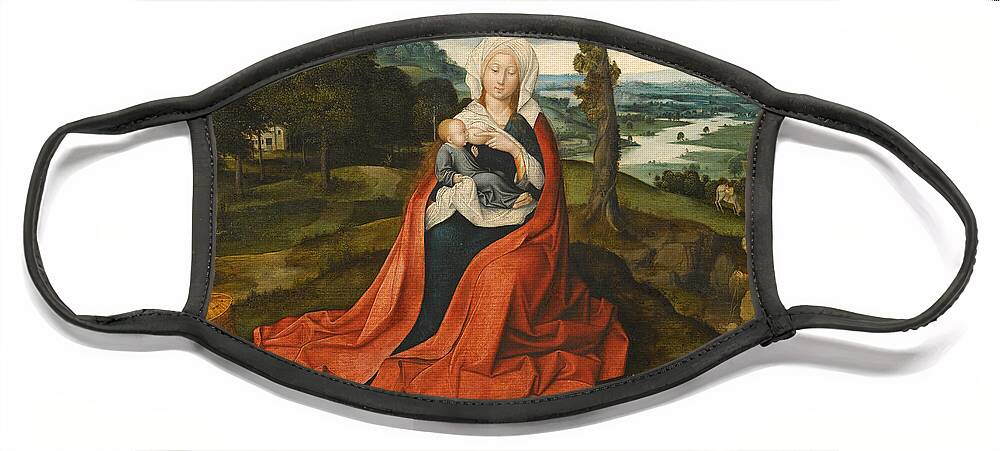 Workshop Of Joachim Patinir Face Mask featuring the painting Virgin and Child seated before an extensive Landscape by Workshop of Joachim Patinir