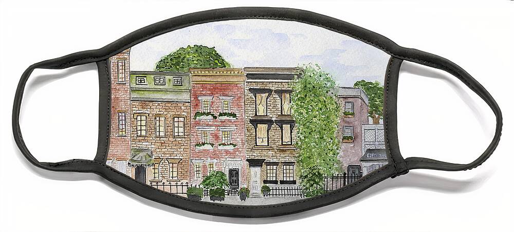 West 11th Street In Greenwich Village Face Mask featuring the painting West 11th St in Greenwich Village by AFineLyne