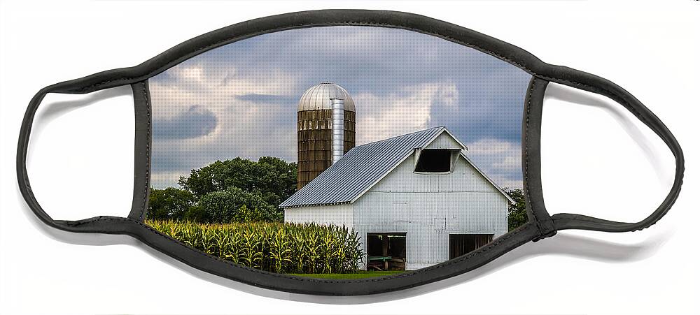 Art Face Mask featuring the photograph White Barn and Silo with Storm Clouds by Ron Pate