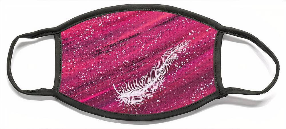 Feather Face Mask featuring the painting White spiritual feather on pink streak by Carolyn Bennett by Simon Bratt