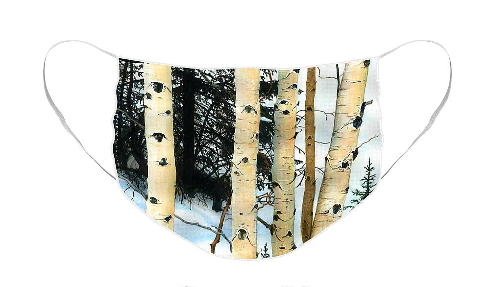 Watercolor Trees Face Mask featuring the painting Winter Aspens by Barbara Jewell