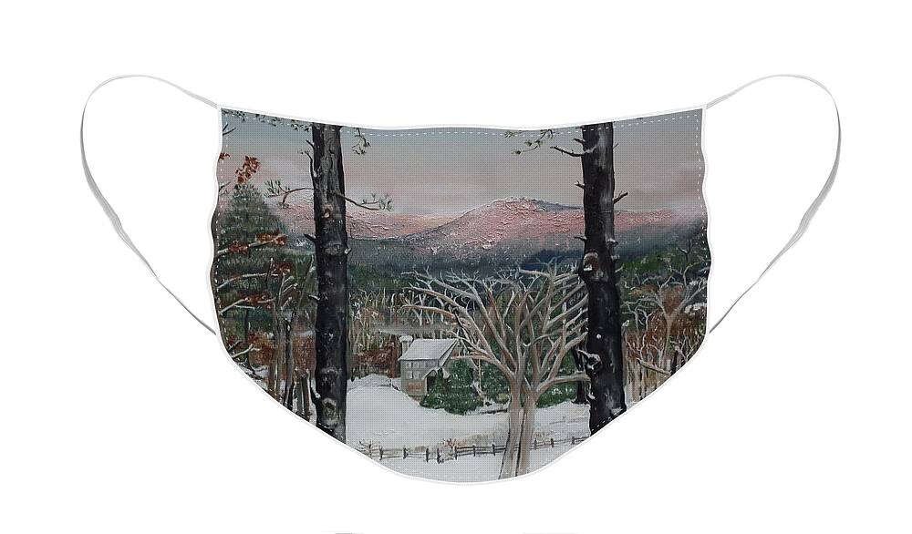 Winter.appalachian Face Mask featuring the painting Winter - Cabin - Pink Knob by Jan Dappen