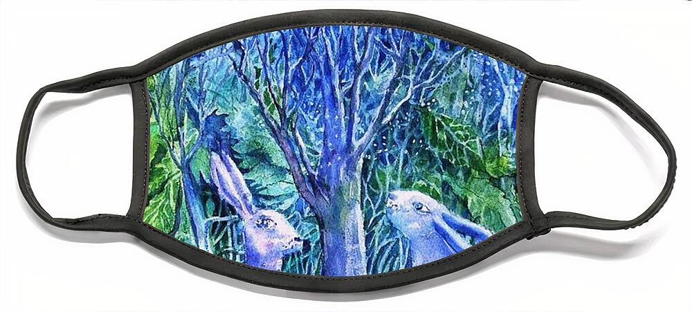 Winter Face Mask featuring the painting Winter Descends as Two Hares Contemplate an Owl by Moonlight by Trudi Doyle