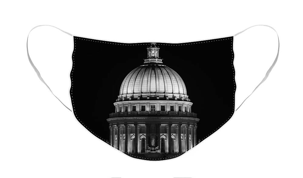 Architecture Face Mask featuring the photograph Wisconsin State Capitol Building at Night Black and White by Sebastian Musial