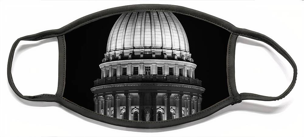 Architecture Face Mask featuring the photograph Wisconsin State Capitol Building at Night Black and White by Sebastian Musial