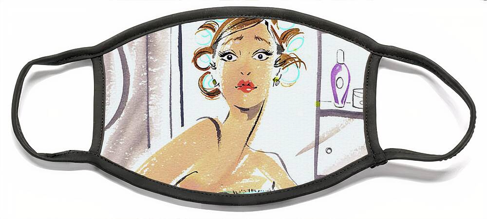 20-24 Years Face Mask featuring the painting Woman In Curlers And Towel Looking by Ikon Images