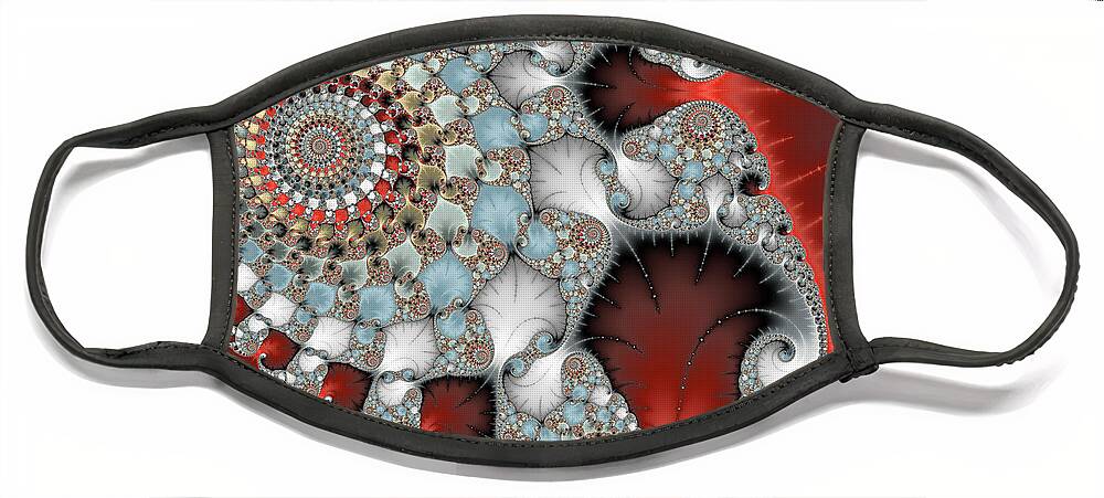 Spiral Face Mask featuring the digital art Wonderful abstract fractal spirals red grey yellow and light blue by Matthias Hauser