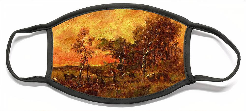 Theodore Rousseau Face Mask featuring the painting Wooded Landscape With A Faggot Gatherer by Theodore Rousseau