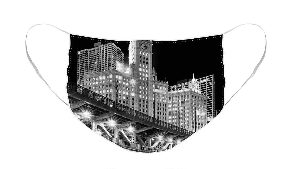 Dusk Face Mask featuring the photograph Wrigley Building at Night in Black and White by Sebastian Musial