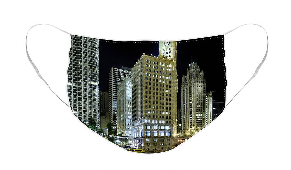 Dusk Face Mask featuring the photograph Wrigley Building at Night by Sebastian Musial