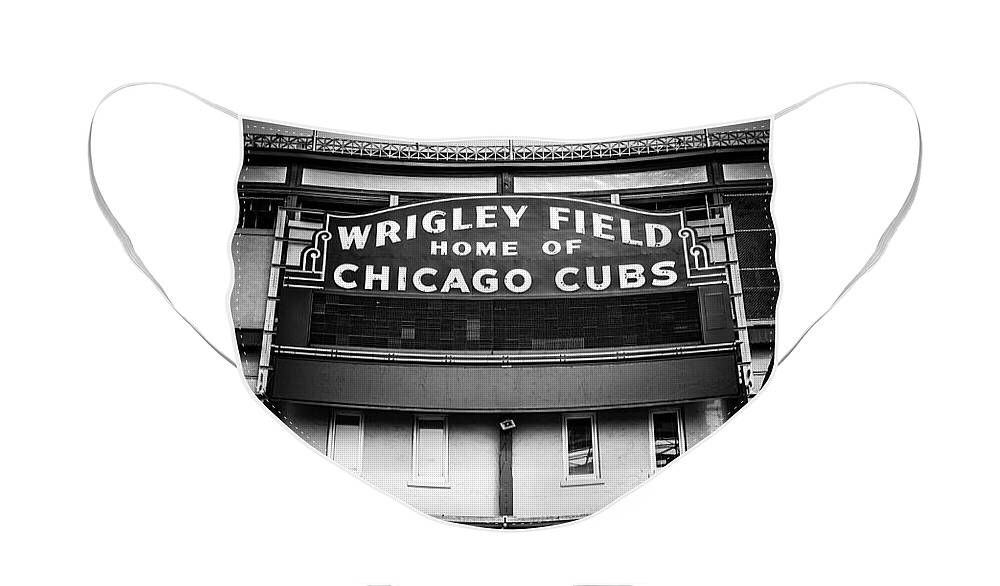 America Face Mask featuring the photograph Wrigley Field Chicago Cubs Sign in Black and White by Paul Velgos