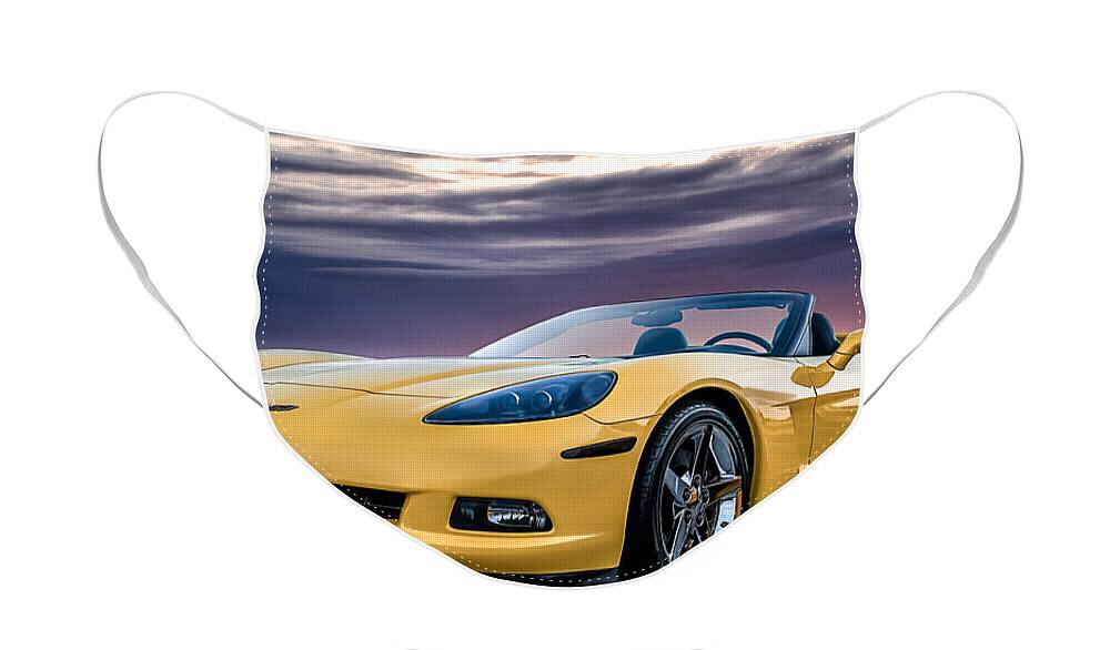 Yellow Face Mask featuring the digital art Yellow Corvette Convertible by Douglas Pittman