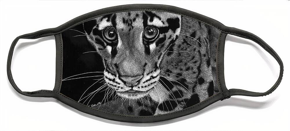 Scratch Board Face Mask featuring the drawing Yim - The Clouded Leopard by Sheryl Unwin