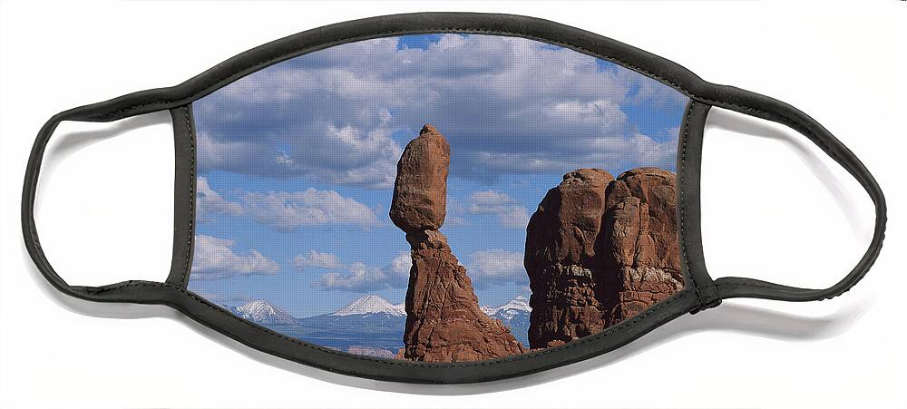 00175041 Face Mask featuring the photograph Balanced Rock Under Cloudy Skies Arches by Tim Fitzharris