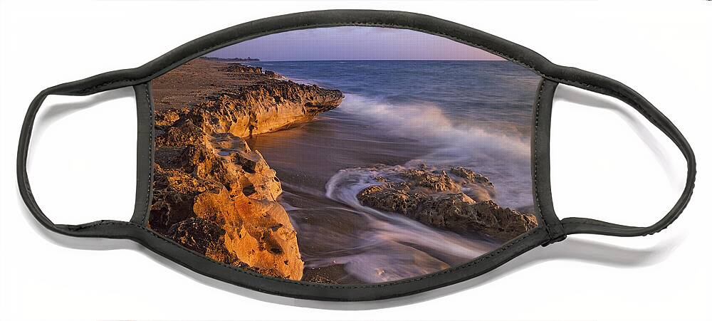 00176751 Face Mask featuring the photograph Beach At Dusk Blowing Rocks Preserve by Tim Fitzharris