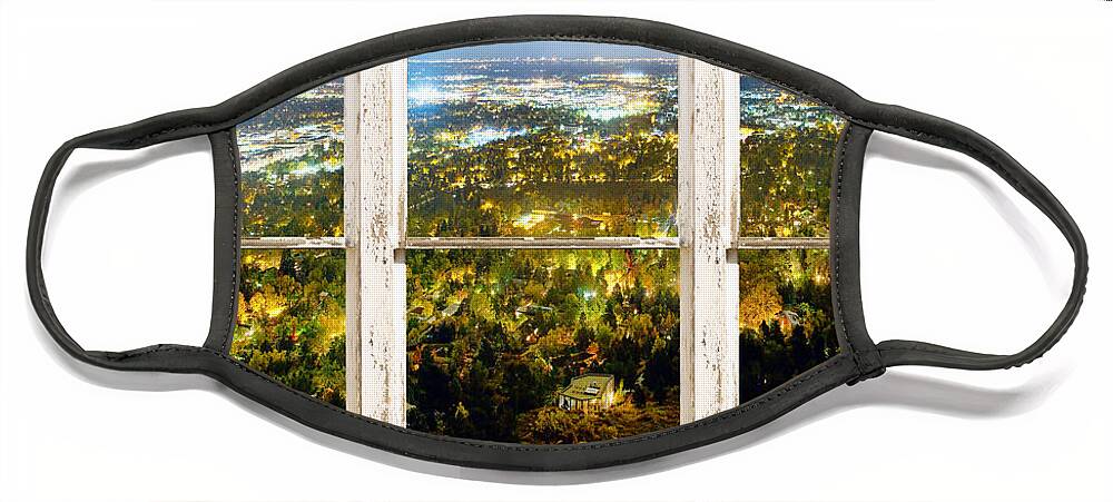 'window Frame Art' Face Mask featuring the photograph City Lights White Rustic Picture Window Frame Photo Art View by James BO Insogna