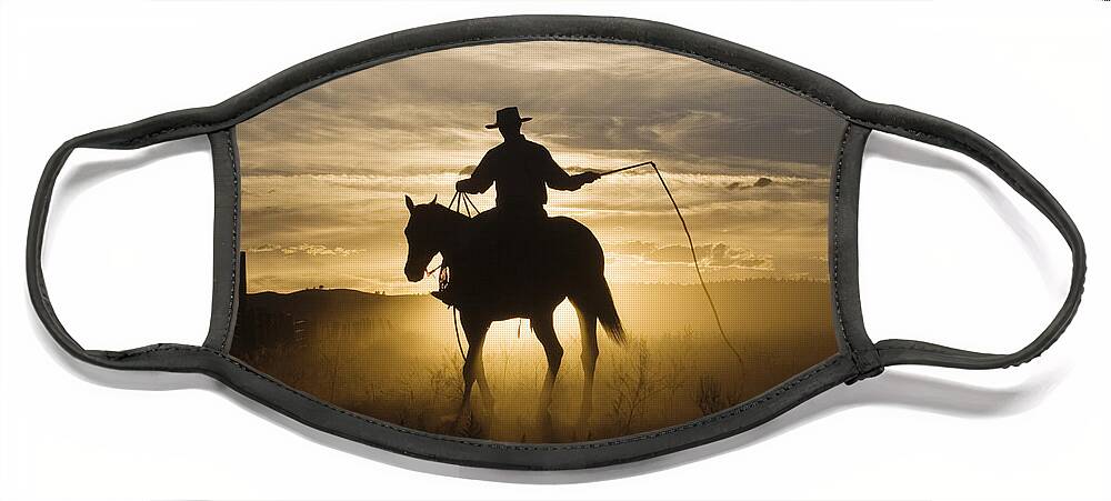 Mp Face Mask featuring the photograph Cowboy On Domestic Horse Equus Caballus by Konrad Wothe