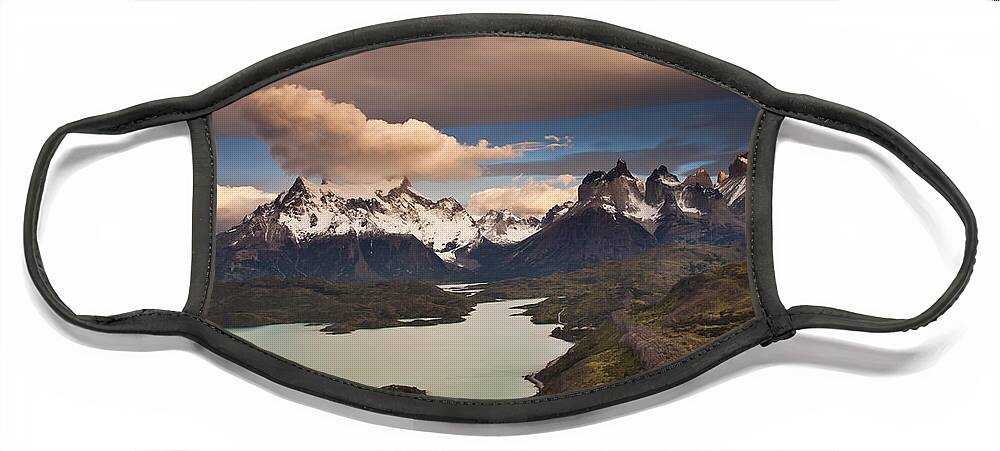 00451385 Face Mask featuring the photograph Cuernos Del Paine And Lago Pehoe by Colin Monteath