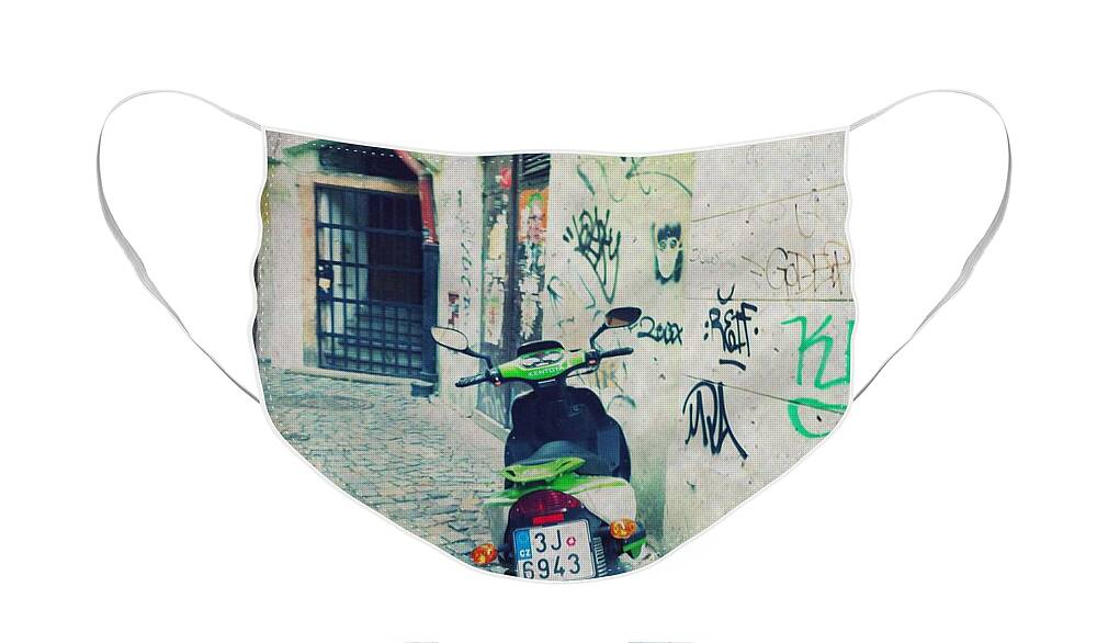 Vespa Face Mask featuring the mixed media Green Vespa in Prague by Linda Woods