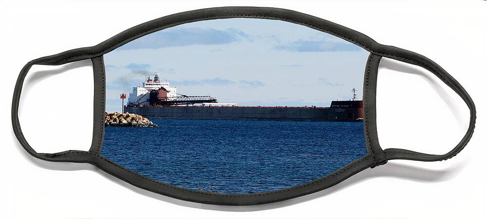 Mesabi Miner Face Mask featuring the photograph Mesabi Miner and Mackinac Breakwater by Keith Stokes