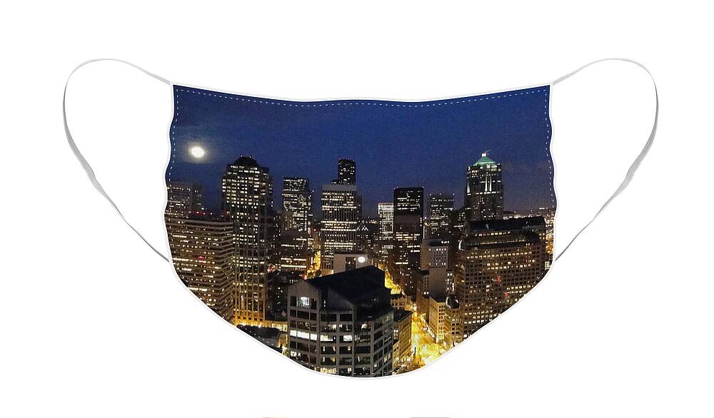 Seattle Face Mask featuring the photograph Moonlit Seattle Skyline by Robert Meyers-Lussier