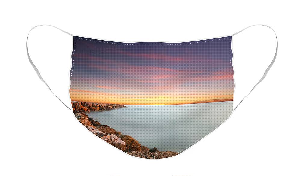 Clouds Face Mask featuring the photograph Oceanside Harbor Jetty Sunset by Larry Marshall