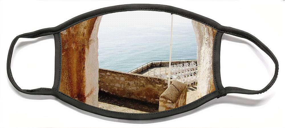 Peniscola Face Mask featuring the photograph Peniscola Castle Arched Open Doorway Sea View II At the Mediterranean in Spain by John Shiron