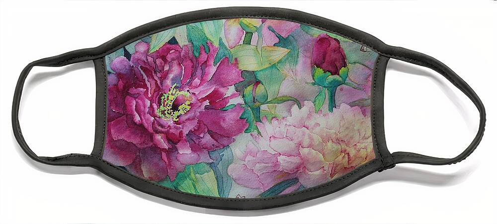 Peony Face Mask featuring the painting Queen of the Garden by Ruth Kamenev