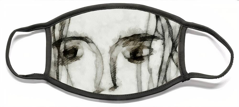 Angelina Vick Face Mask featuring the drawing She Sat Alone 2 by Angelina Tamez
