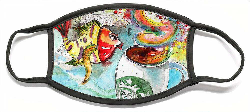 Travel Sketch Face Mask featuring the drawing Starbucks Coffee in Limassol by Miki De Goodaboom