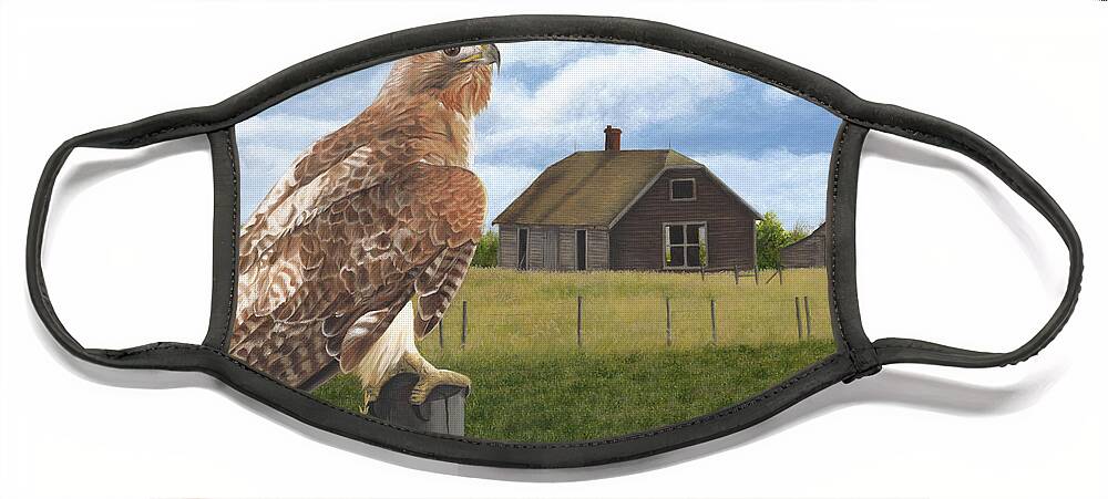 Red Tailed Hawk Over Looking Old Homestead Face Mask featuring the painting The Grounds Keeper by Tammy Taylor