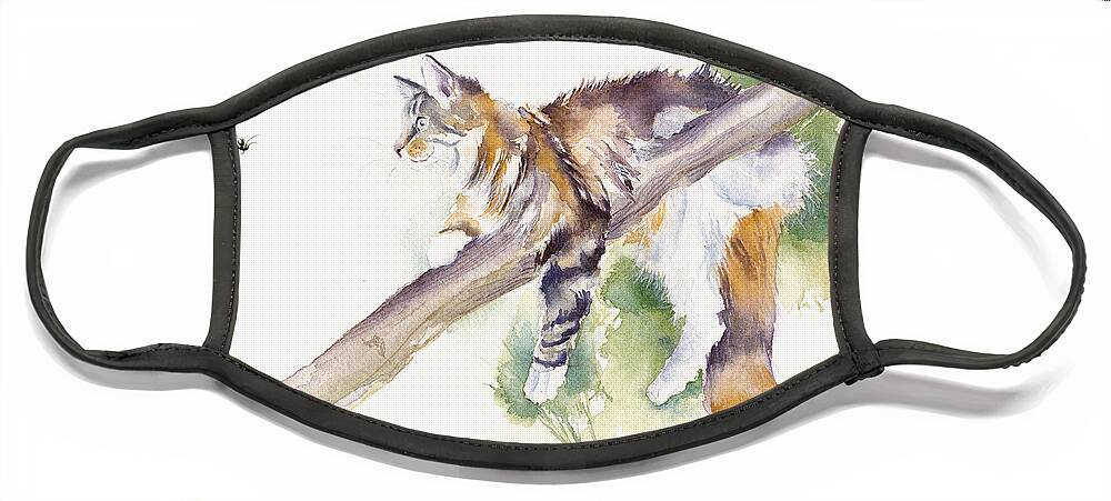 Cats Face Mask featuring the painting Bee High - Cat up a Tree by Debra Hall