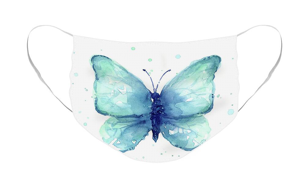 Blue Face Mask featuring the painting Blue Butterfly Watercolor by Olga Shvartsur