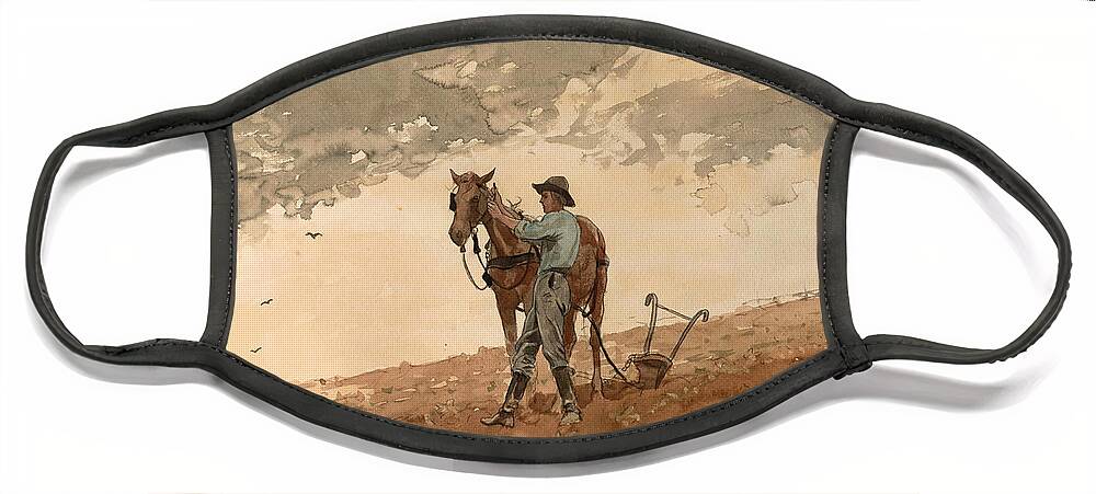 Winslow Homer Face Mask featuring the drawing Man with Plow Horse by Winslow Homer