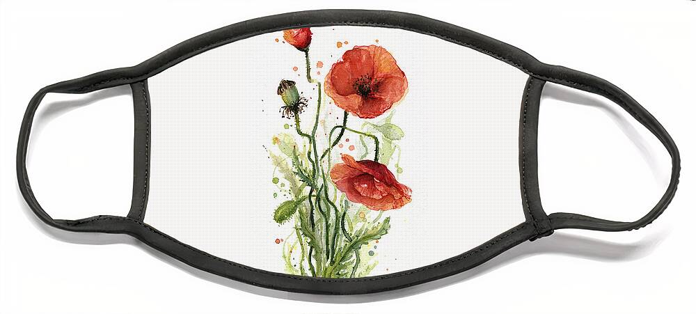 Red Poppy Face Mask featuring the painting Red Poppies Watercolor by Olga Shvartsur
