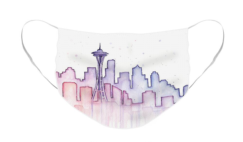 Watercolor Face Mask featuring the painting Seattle Skyline Watercolor #2 by Olga Shvartsur