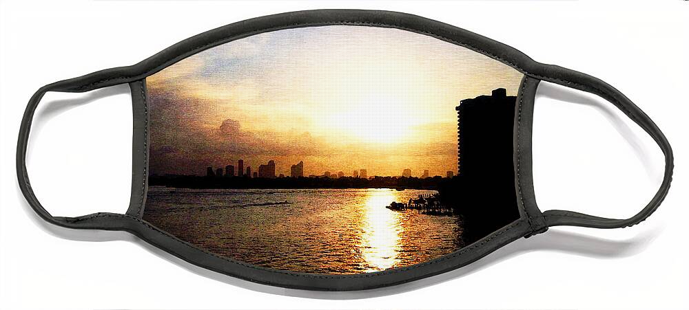 Sunset Face Mask featuring the digital art Sunset Over Miami #1 by Phil Perkins