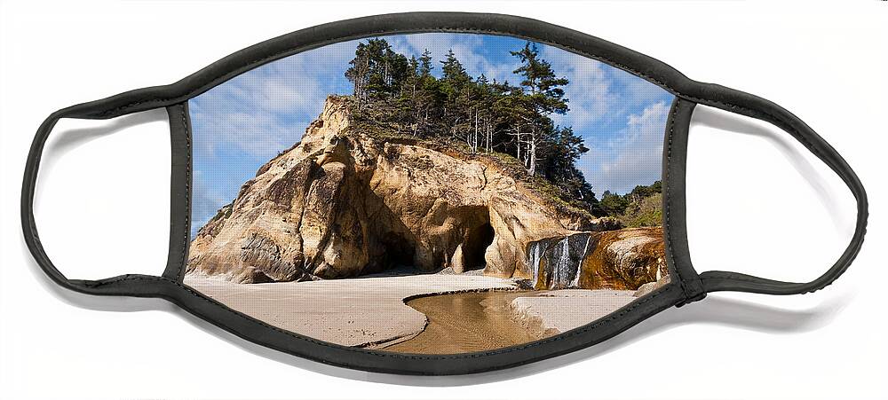 Beach Face Mask featuring the photograph Waterfall Flowing into the Pacific Ocean #2 by Jeff Goulden
