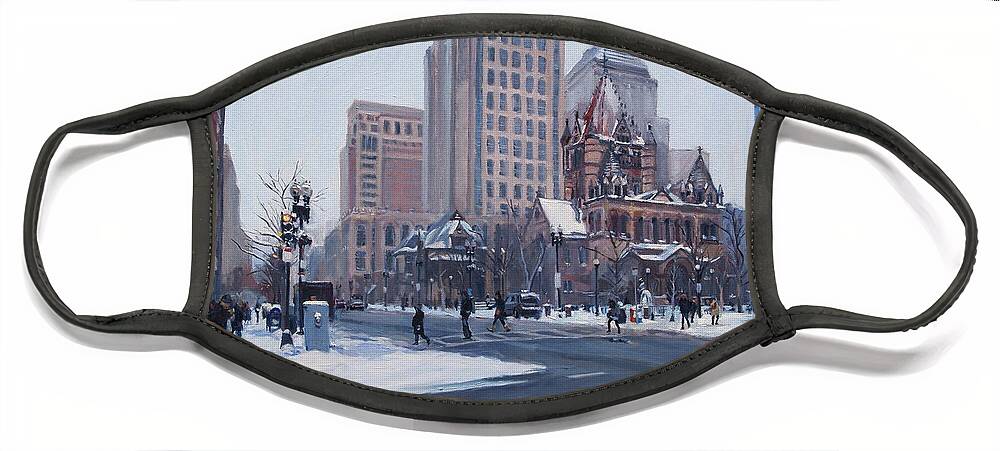 Winter Face Mask featuring the painting Winter In Copley Square, Boston Ma by Deb Putnam