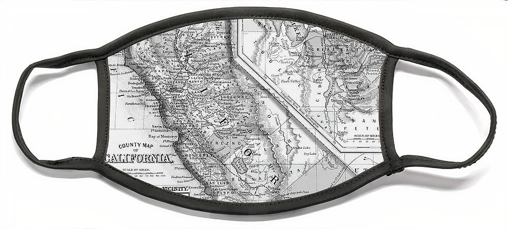 California Face Mask featuring the digital art 1800s California Historical Map Black and White by Toby McGuire