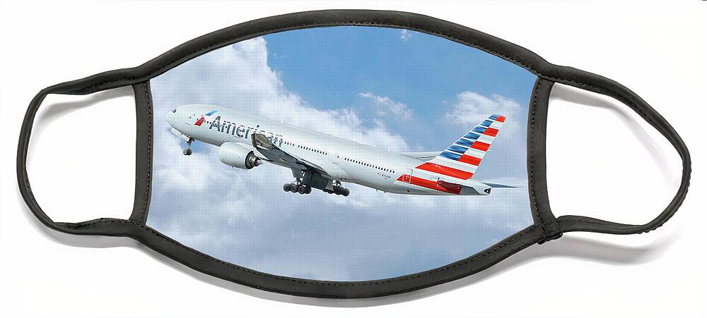 Boeing Face Mask featuring the digital art American Airlines Boeing 777 by Airpower Art