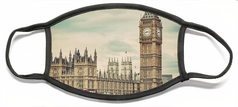 London Face Mask featuring the photograph Big Ben, Westminster Bridge on River Thames in London, the UK. Vintage #2 by Michal Bednarek